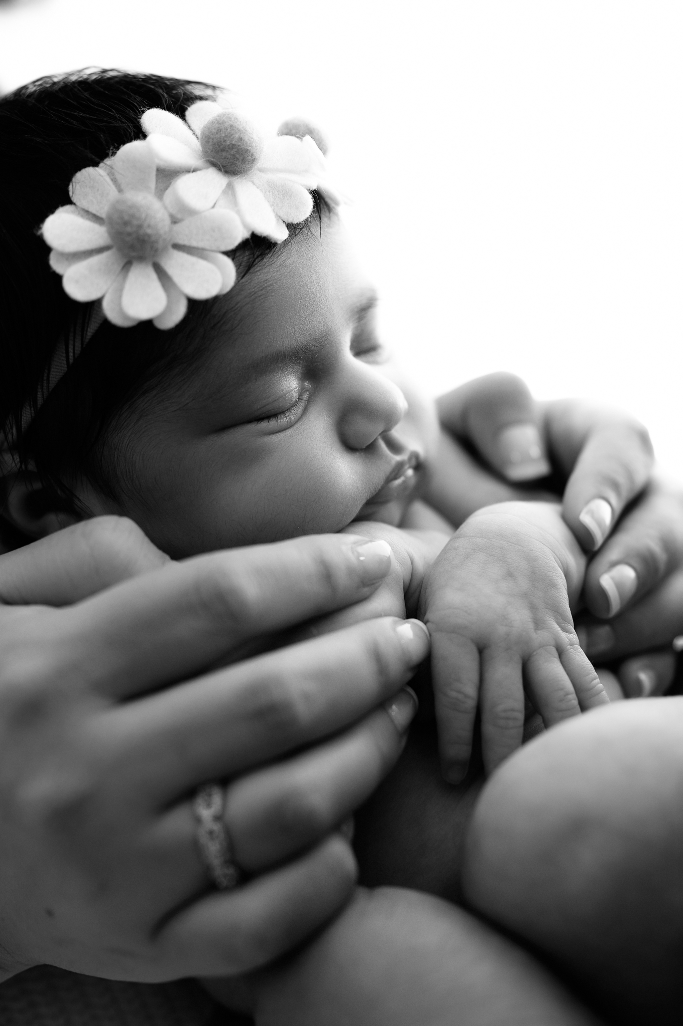 Fresno newborn photographer holding baby girl in black and white studio portrait