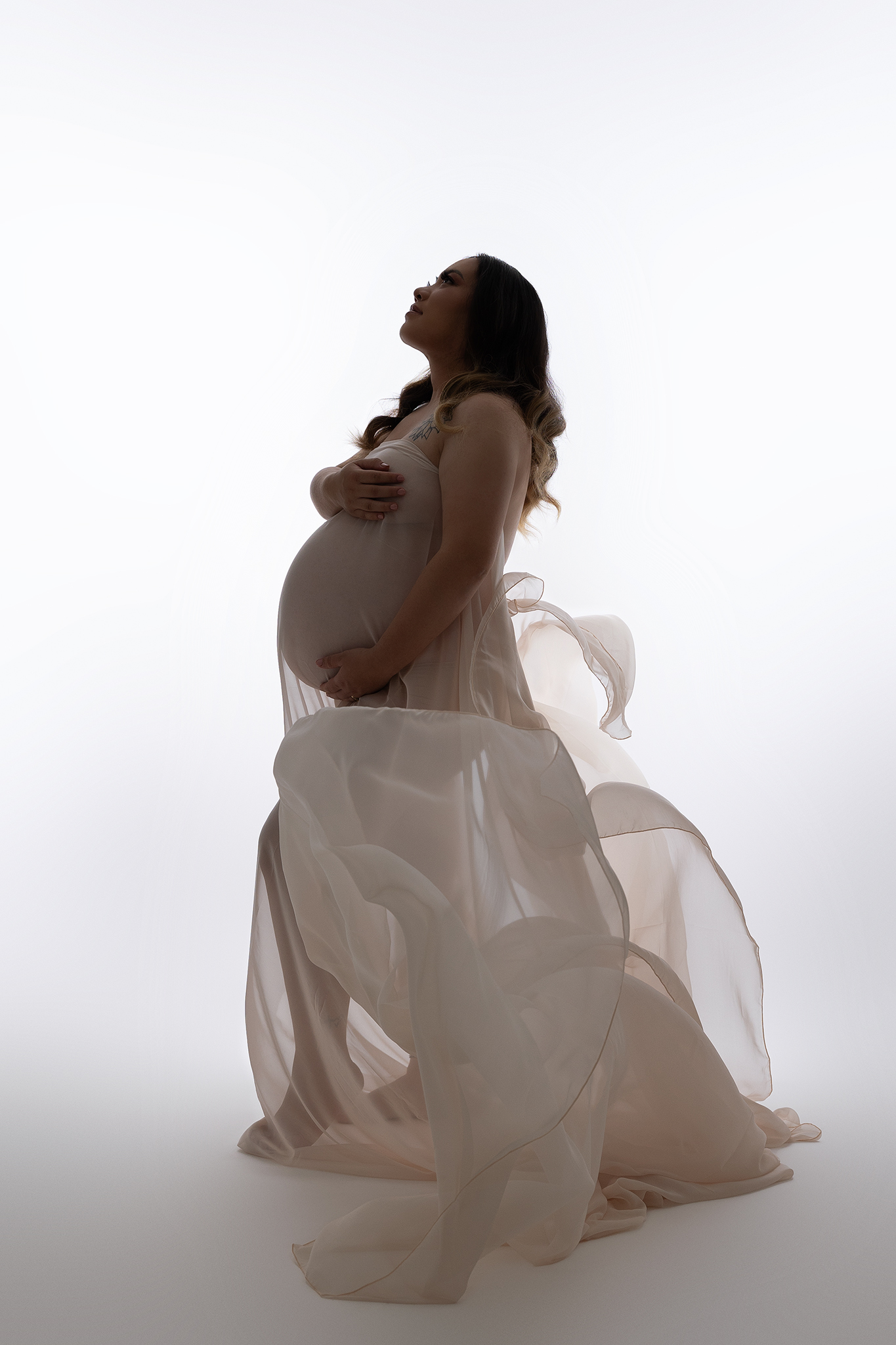 Elegant maternity portrait of expecting mother in flowing gown photographed by Fresno California maternity photographer Stephanie Leal